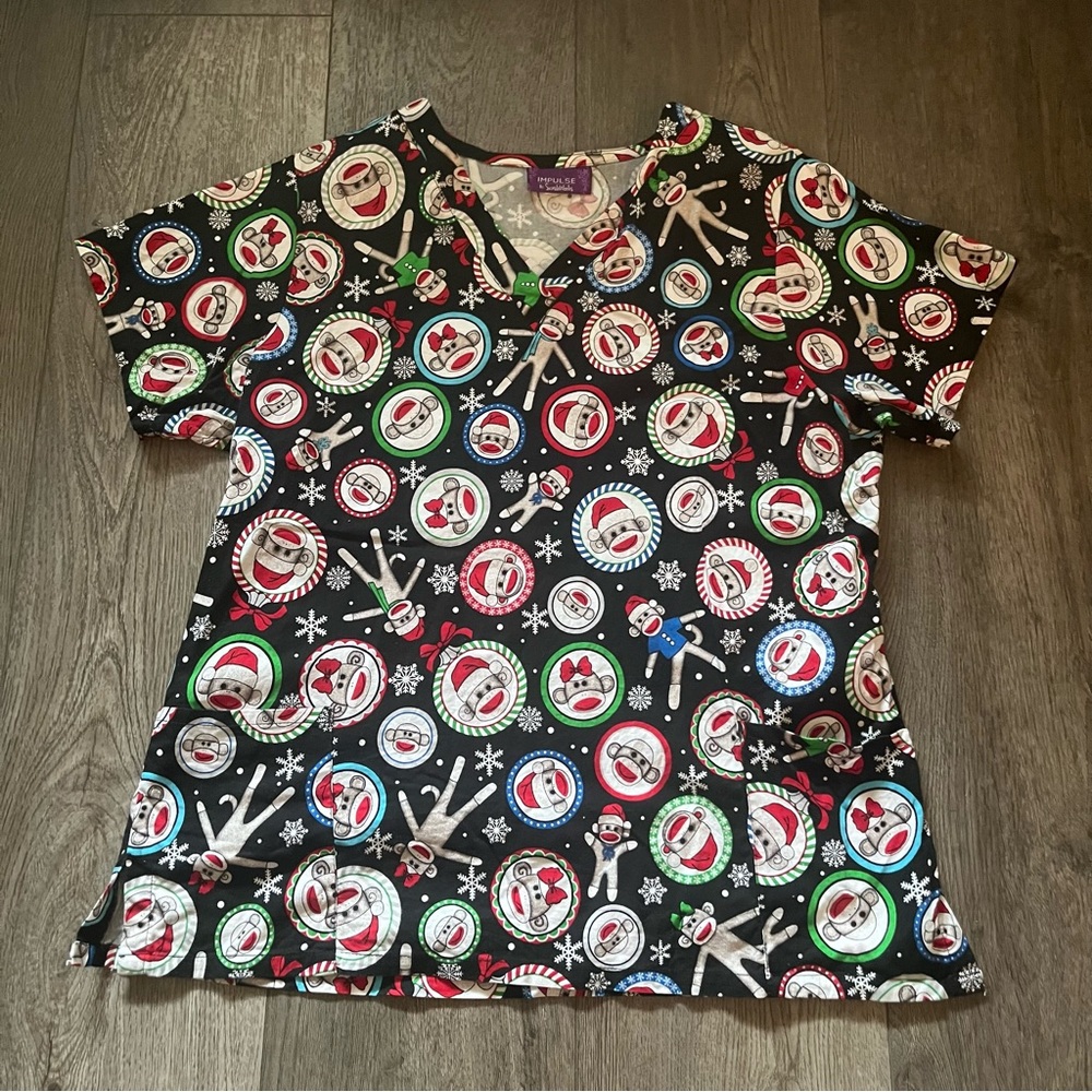 Impulse by ScrubWorks Christmas Sock Monkey Winter Holiday Scrub Top Size XL